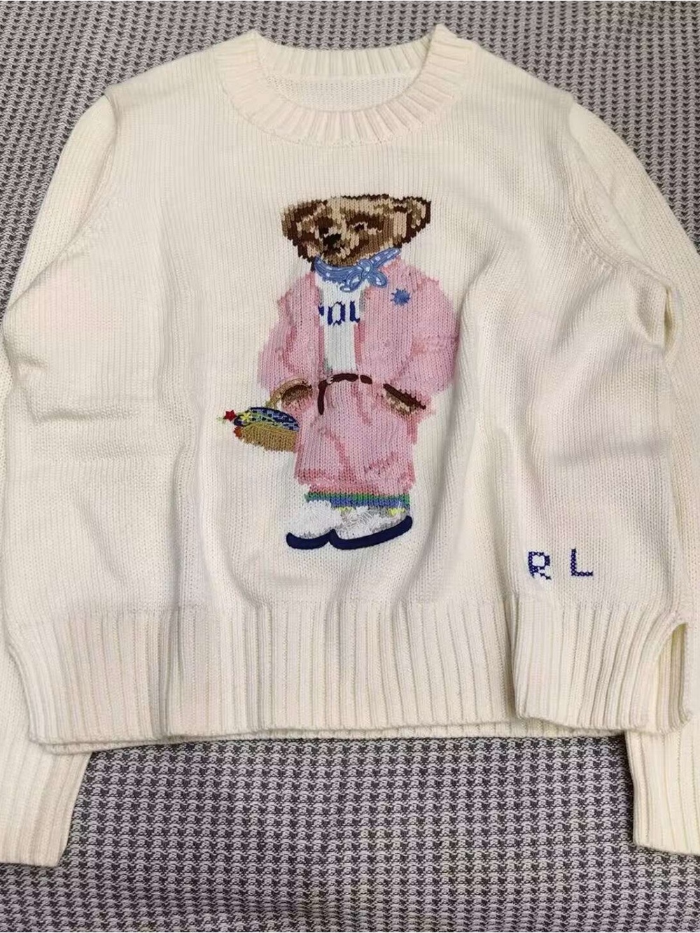 Polo by Ralph Lauren Cream Crewneck Sweater with Pink Bear Motif